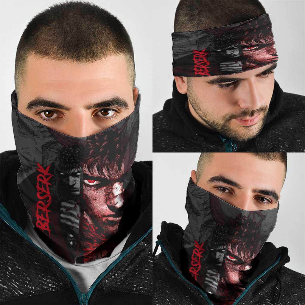 Guts Berserk Dark Theme Neck Gaiter with Blood Splatter and Intense Warrior Expression Design - The Mazicc