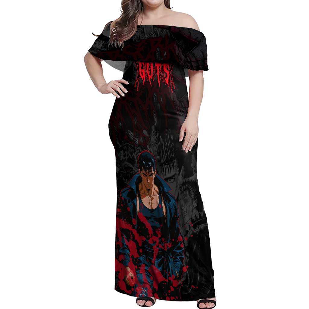 Guts Berserk Dark Theme Off Shoulder Maxi Dress with Blood Splatter and Intense Warrior Expression Design - The Mazicc
