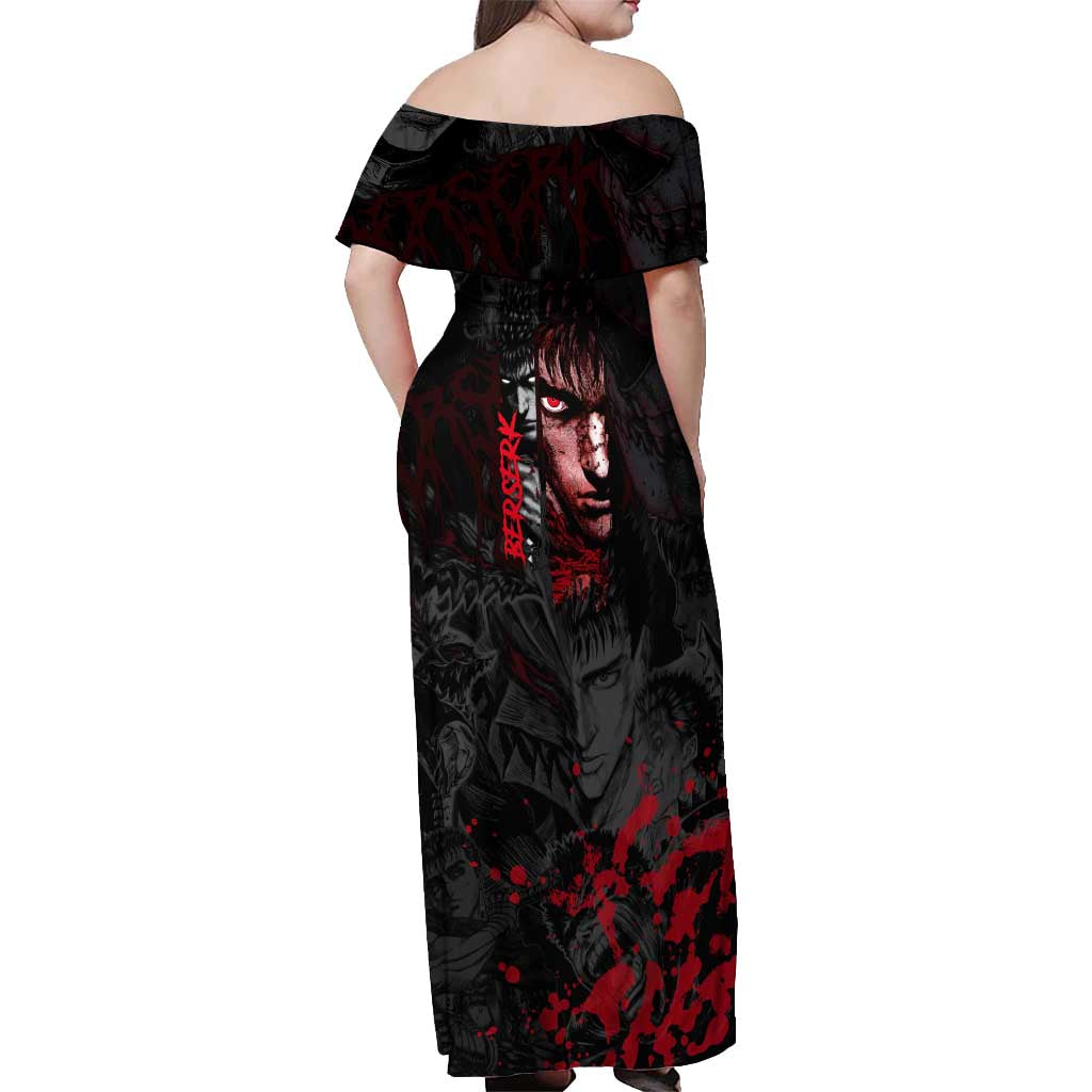 Guts Berserk Dark Theme Off Shoulder Maxi Dress with Blood Splatter and Intense Warrior Expression Design - The Mazicc