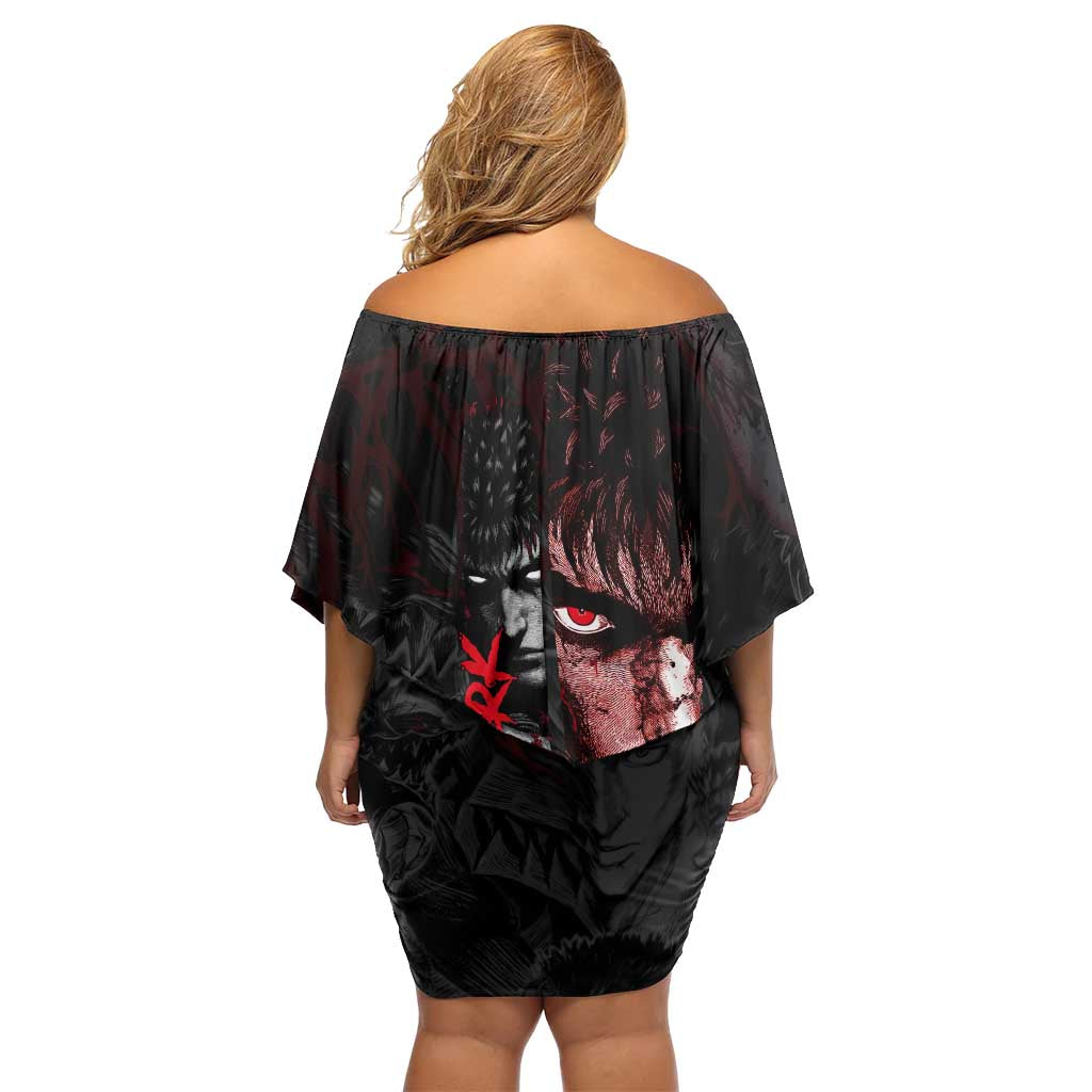 Guts Berserk Dark Theme Off Shoulder Short Dress with Blood Splatter and Intense Warrior Expression Design - The Mazicc