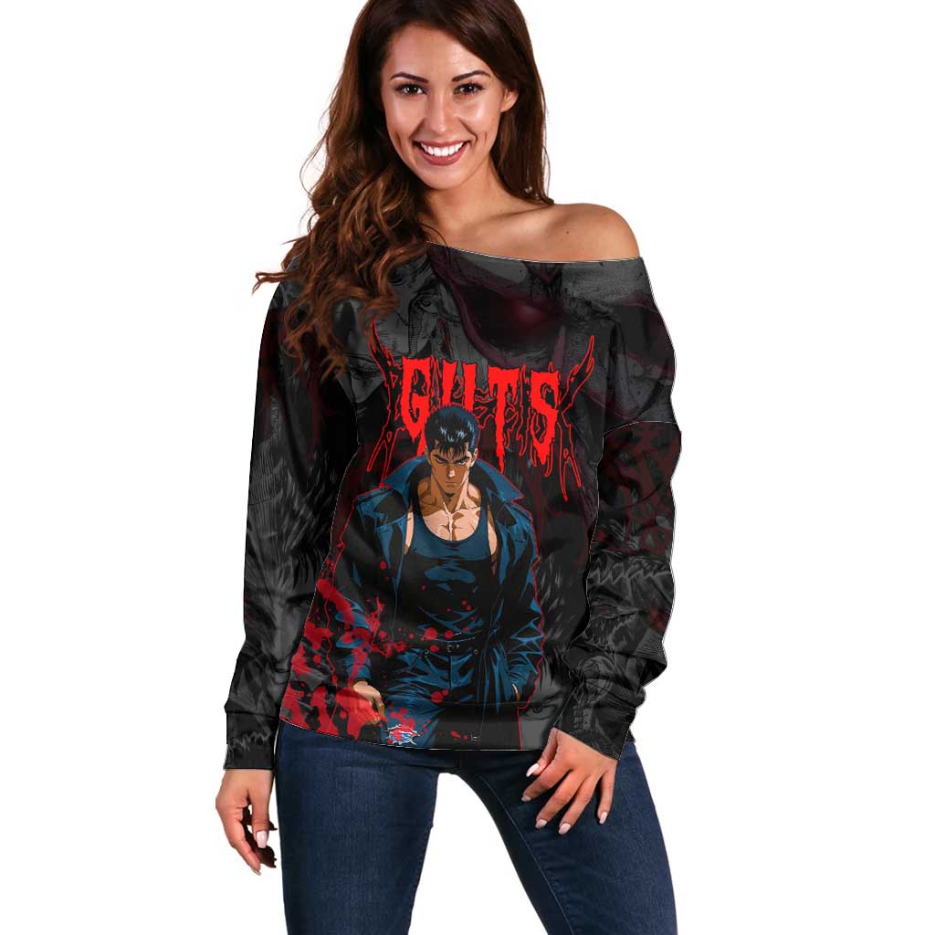 Guts Berserk Dark Theme Off Shoulder Sweater with Blood Splatter and Intense Warrior Expression Design - The Mazicc