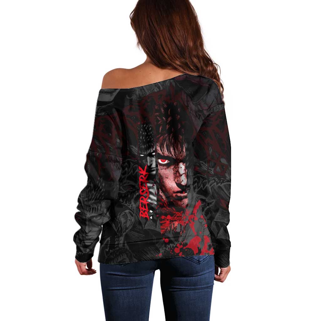 Guts Berserk Dark Theme Off Shoulder Sweater with Blood Splatter and Intense Warrior Expression Design - The Mazicc