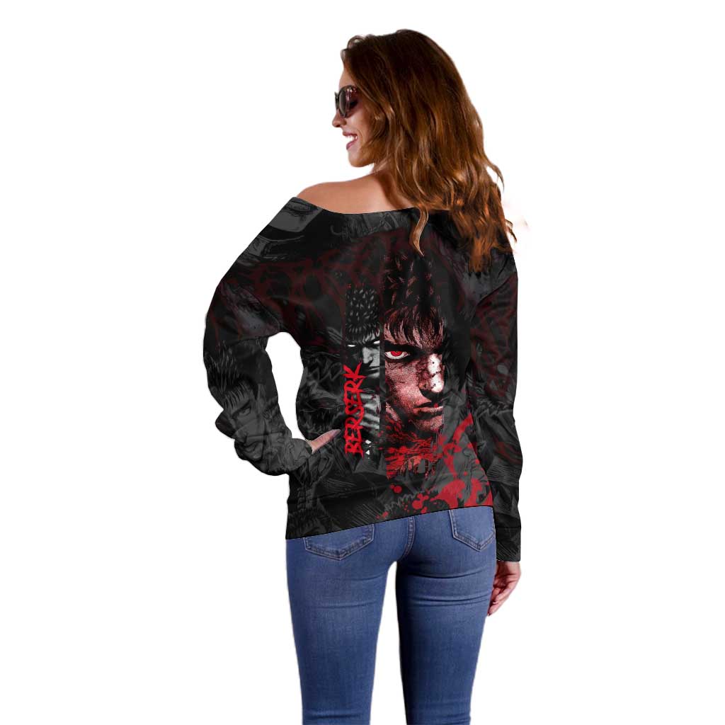 Guts Berserk Dark Theme Off Shoulder Sweater with Blood Splatter and Intense Warrior Expression Design - The Mazicc