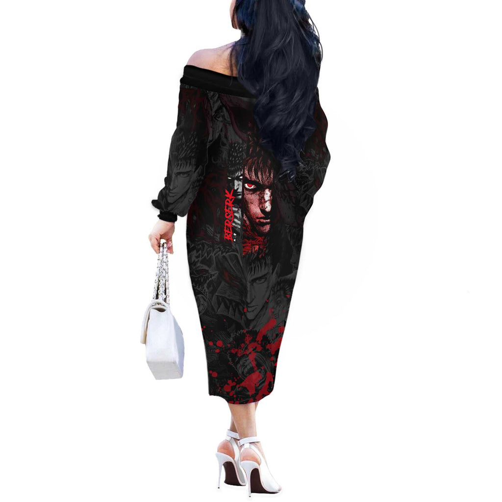 Guts Berserk Dark Theme Off The Shoulder Long Sleeve Dress with Blood Splatter and Intense Warrior Expression Design - The Mazicc