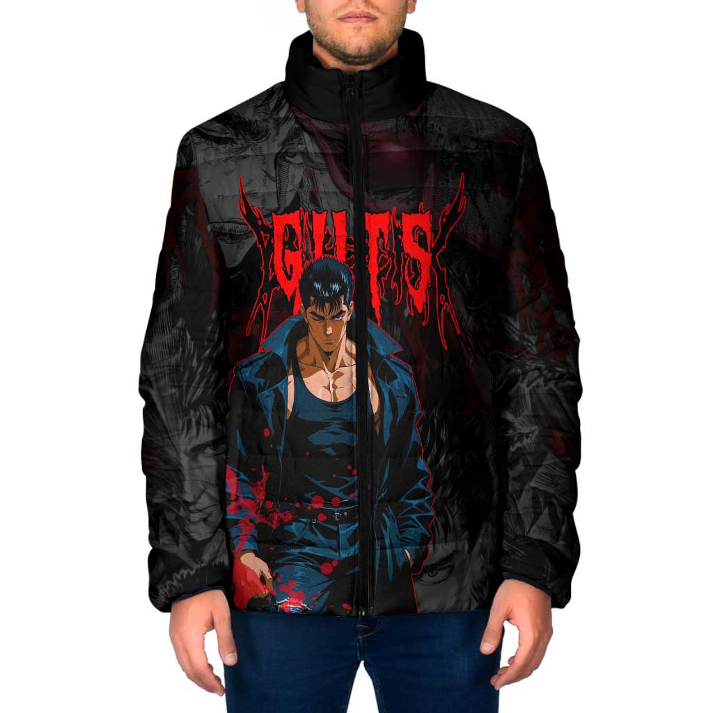 Guts Berserk Dark Theme Padded Jacket with Blood Splatter and Intense Warrior Expression Design - The Mazicc