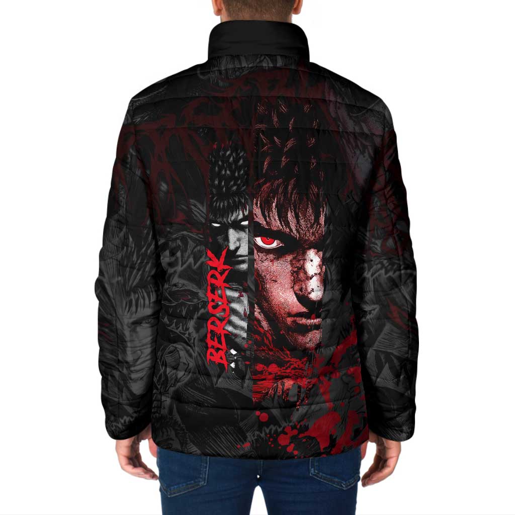Guts Berserk Dark Theme Padded Jacket with Blood Splatter and Intense Warrior Expression Design - The Mazicc