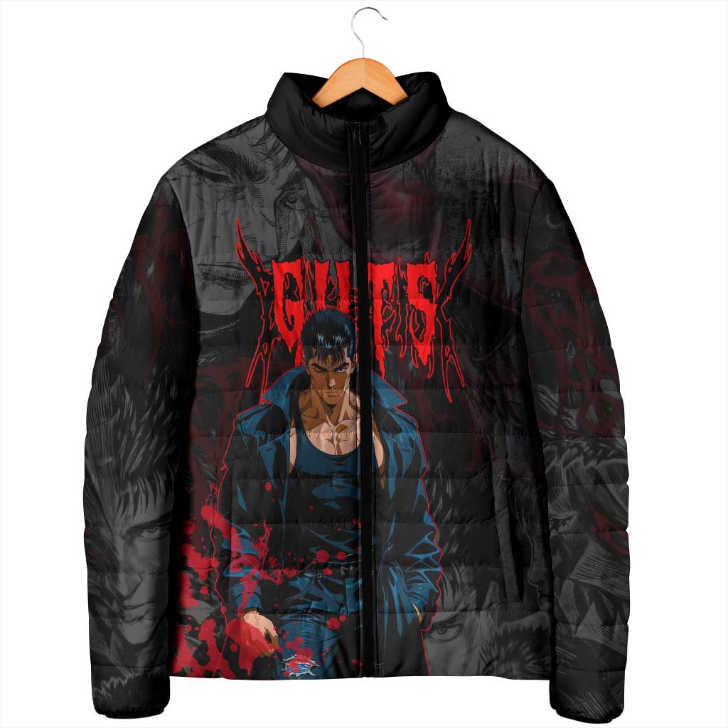 Guts Berserk Dark Theme Padded Jacket with Blood Splatter and Intense Warrior Expression Design - The Mazicc