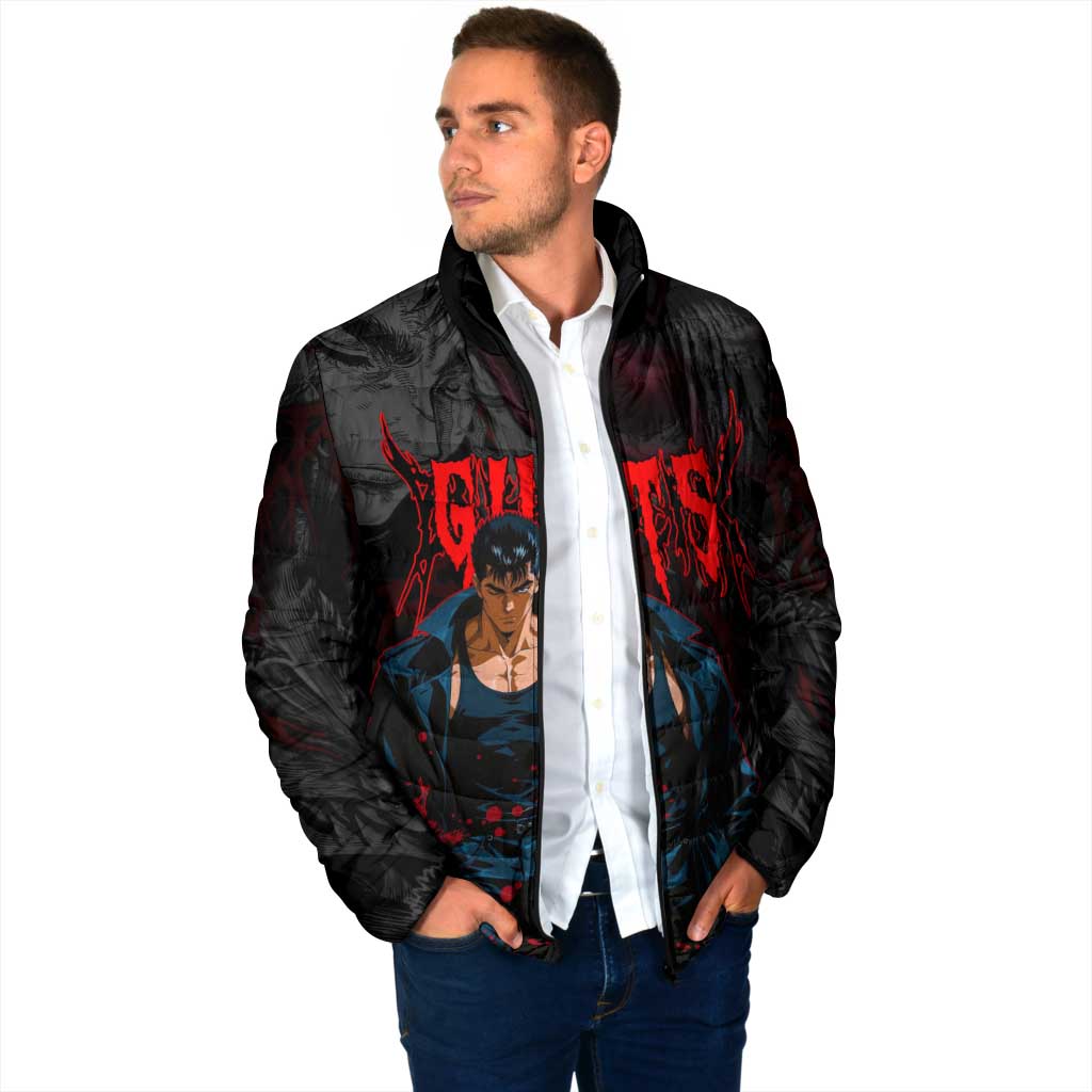 Guts Berserk Dark Theme Padded Jacket with Blood Splatter and Intense Warrior Expression Design - The Mazicc
