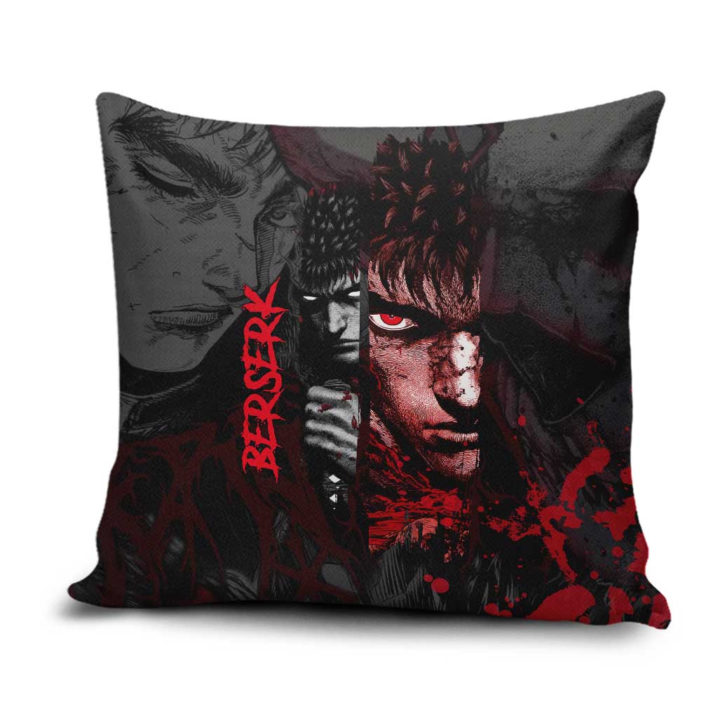 Guts Berserk Dark Theme Pillow Cover with Blood Splatter and Intense Warrior Expression Design - The Mazicc