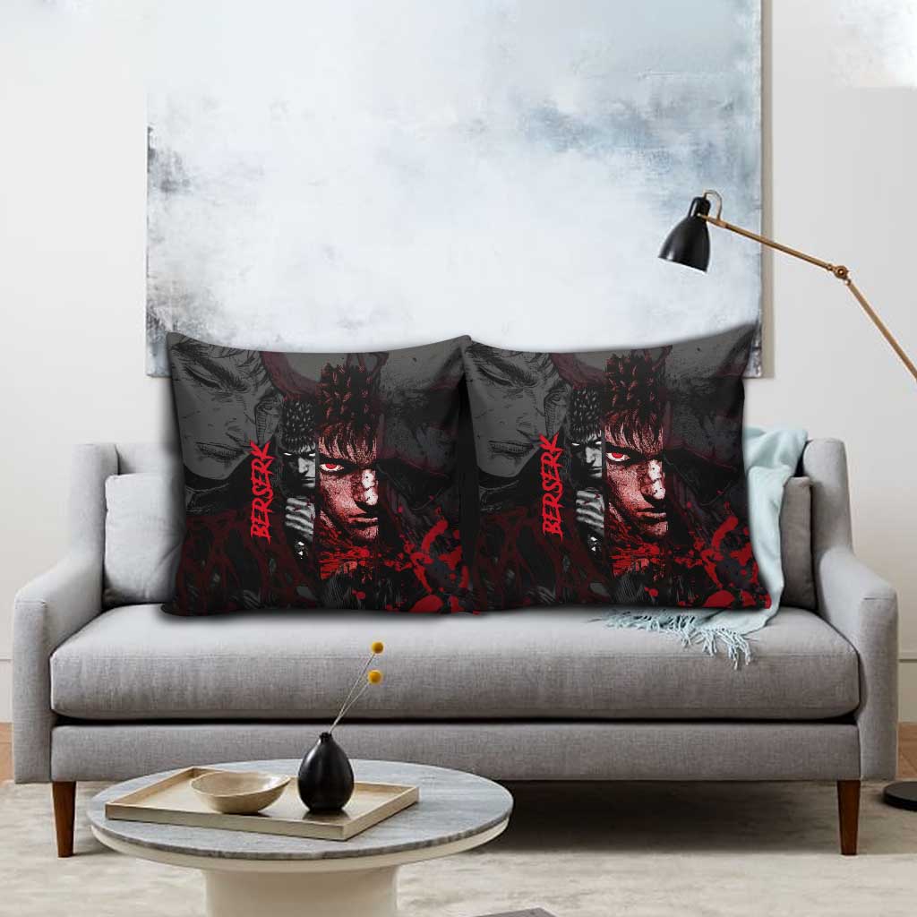 Guts Berserk Dark Theme Pillow Cover with Blood Splatter and Intense Warrior Expression Design - The Mazicc