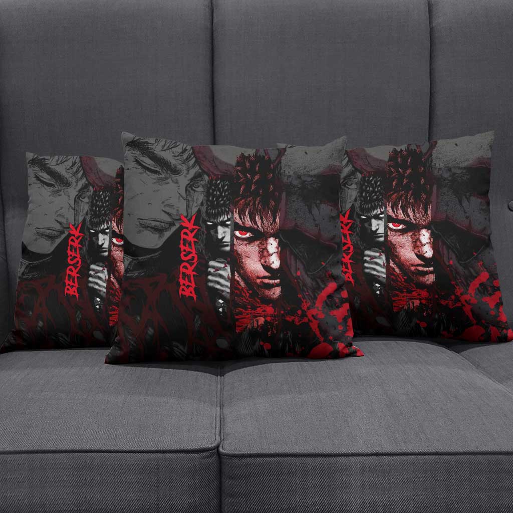 Guts Berserk Dark Theme Pillow Cover with Blood Splatter and Intense Warrior Expression Design - The Mazicc