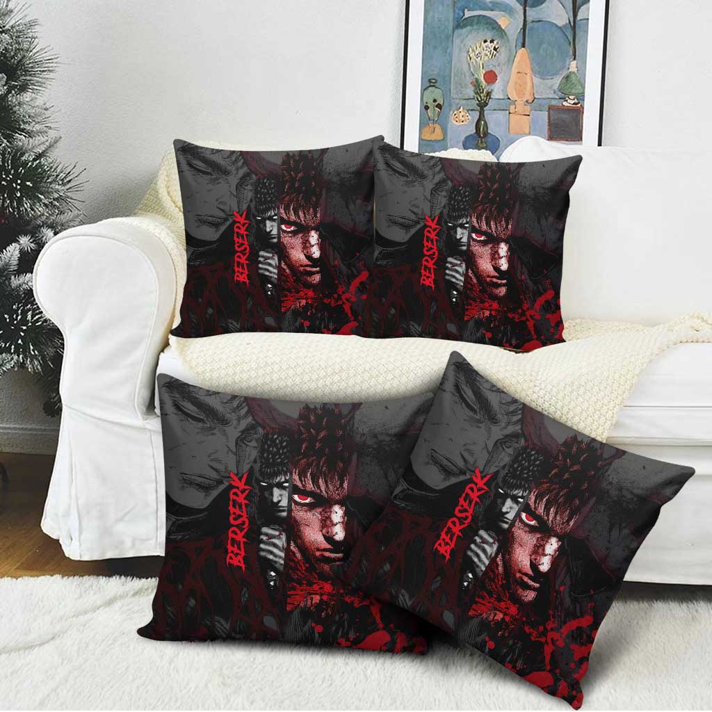 Guts Berserk Dark Theme Pillow Cover with Blood Splatter and Intense Warrior Expression Design - The Mazicc