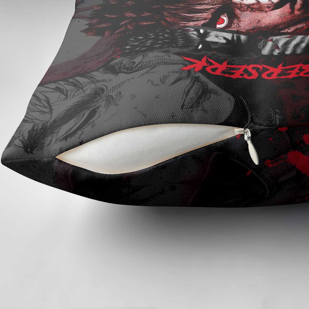 Guts Berserk Dark Theme Pillow Cover with Blood Splatter and Intense Warrior Expression Design - The Mazicc