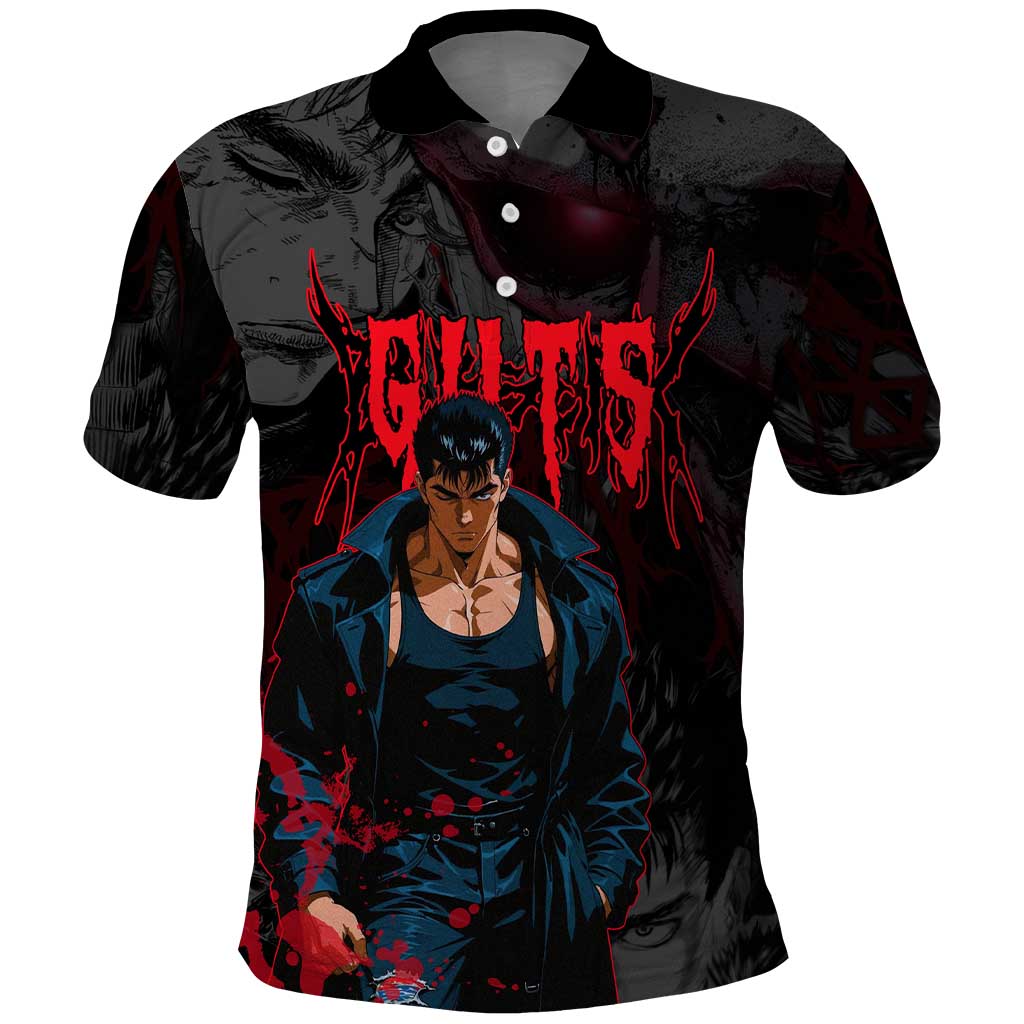 Guts Berserk Dark Theme Polo Shirt with Blood Splatter and Intense Warrior Expression Design - The Mazicc