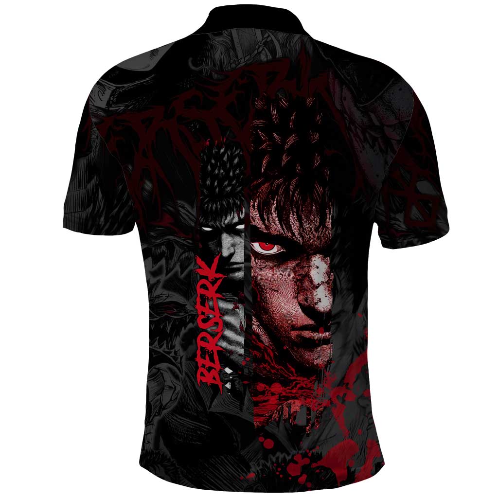 Guts Berserk Dark Theme Polo Shirt with Blood Splatter and Intense Warrior Expression Design - The Mazicc