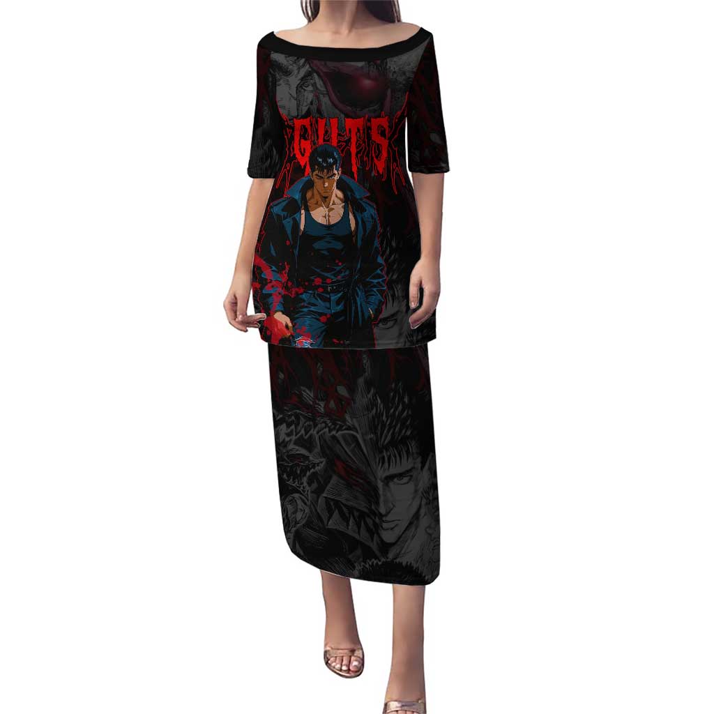 Guts Berserk Dark Theme Puletasi with Blood Splatter and Intense Warrior Expression Design - The Mazicc