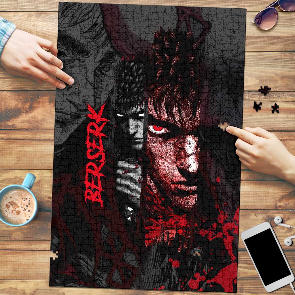 Guts Berserk Dark Theme Puzzle with Blood Splatter and Intense Warrior Expression Design - The Mazicc