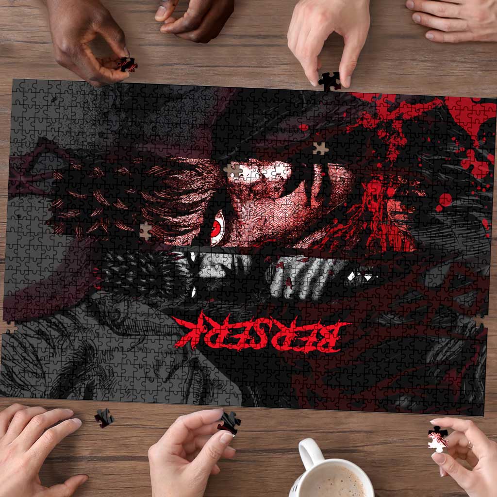 Guts Berserk Dark Theme Puzzle with Blood Splatter and Intense Warrior Expression Design - The Mazicc