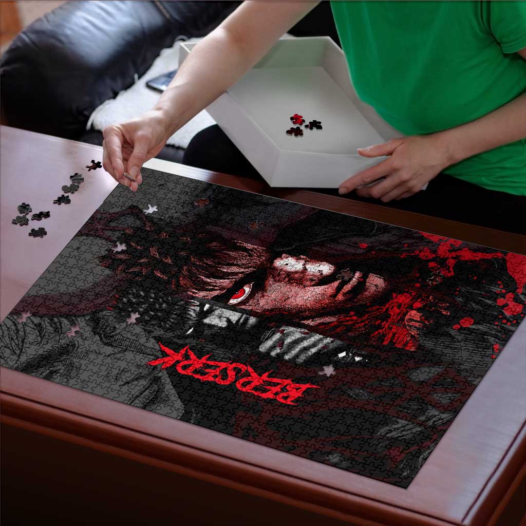 Guts Berserk Dark Theme Puzzle with Blood Splatter and Intense Warrior Expression Design - The Mazicc