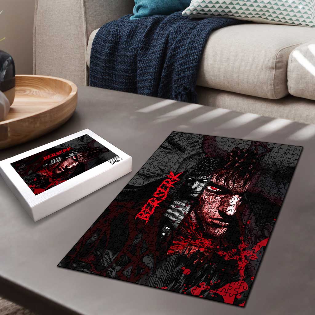 Guts Berserk Dark Theme Puzzle with Blood Splatter and Intense Warrior Expression Design - The Mazicc