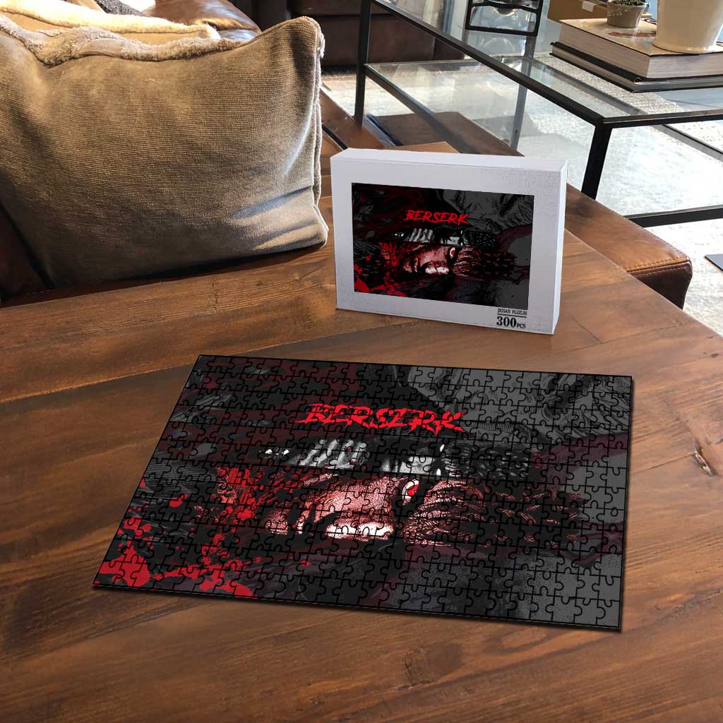 Guts Berserk Dark Theme Puzzle with Blood Splatter and Intense Warrior Expression Design - The Mazicc