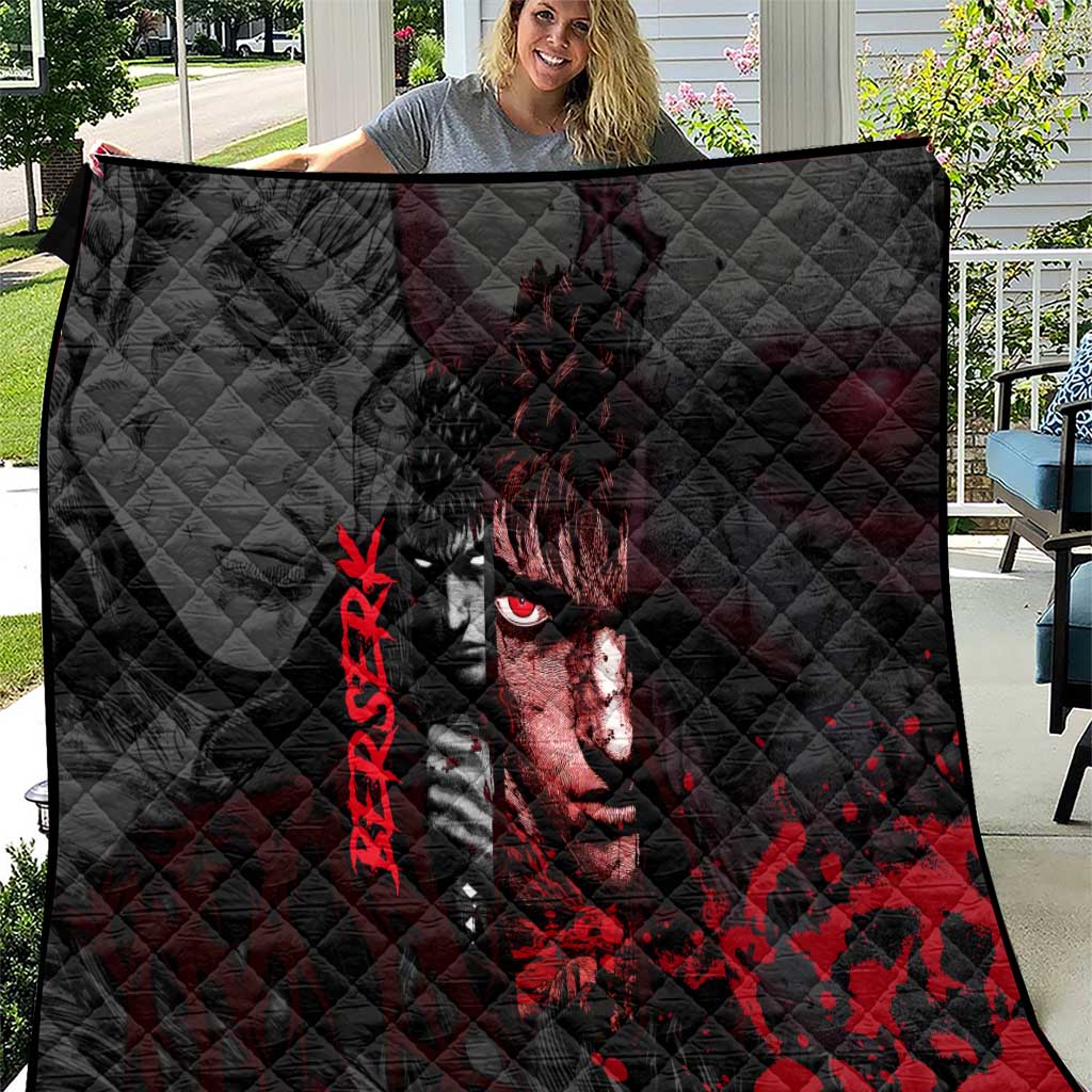 Guts Berserk Dark Theme Quilt with Blood Splatter and Intense Warrior Expression Design - The Mazicc