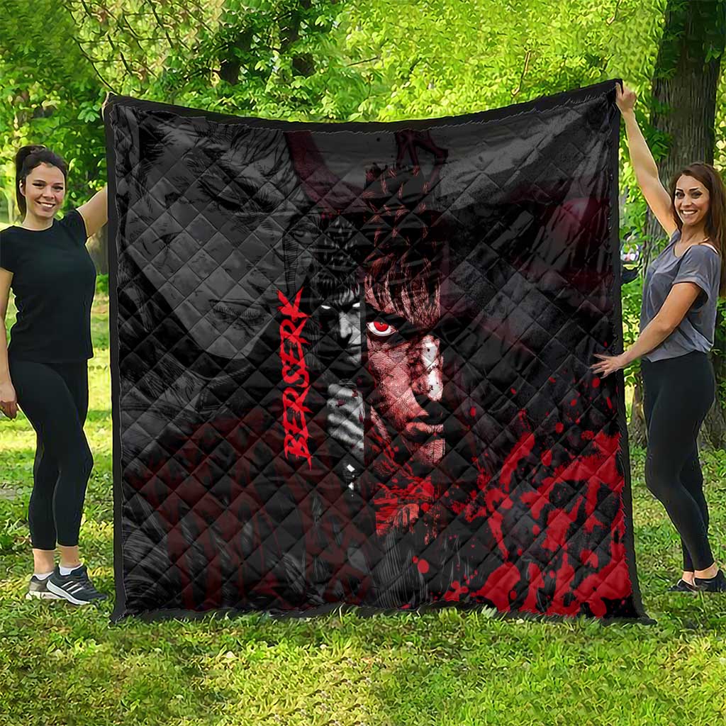 Guts Berserk Dark Theme Quilt with Blood Splatter and Intense Warrior Expression Design - The Mazicc