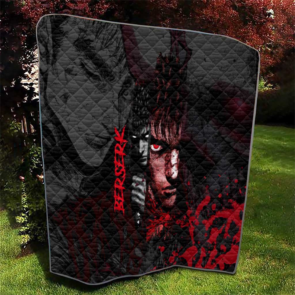 Guts Berserk Dark Theme Quilt with Blood Splatter and Intense Warrior Expression Design - The Mazicc