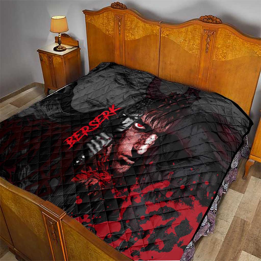 Guts Berserk Dark Theme Quilt with Blood Splatter and Intense Warrior Expression Design - The Mazicc