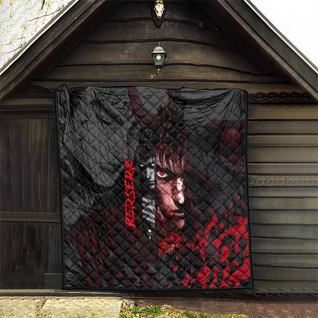 Guts Berserk Dark Theme Quilt with Blood Splatter and Intense Warrior Expression Design - The Mazicc