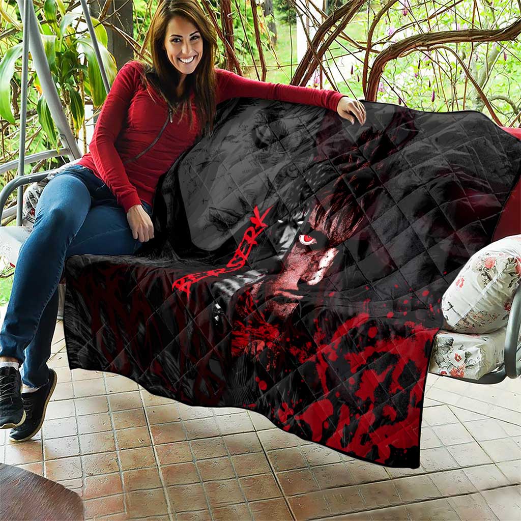 Guts Berserk Dark Theme Quilt with Blood Splatter and Intense Warrior Expression Design - The Mazicc