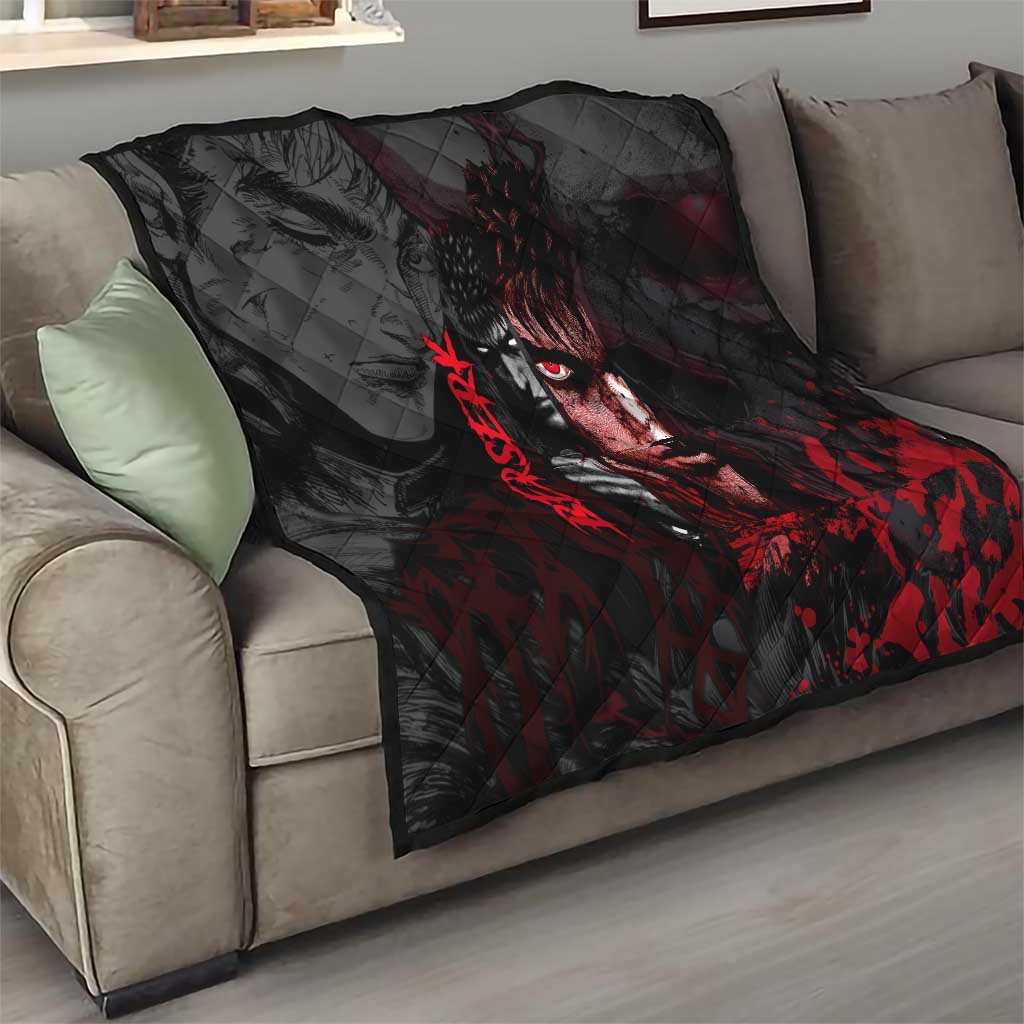 Guts Berserk Dark Theme Quilt with Blood Splatter and Intense Warrior Expression Design - The Mazicc
