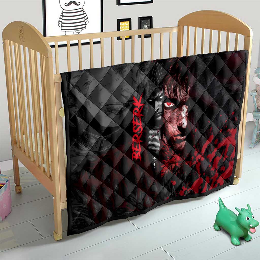 Guts Berserk Dark Theme Quilt with Blood Splatter and Intense Warrior Expression Design - The Mazicc