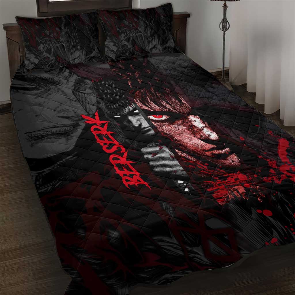 Guts Berserk Dark Theme Quilt Bed Set with Blood Splatter and Intense Warrior Expression Design - The Mazicc