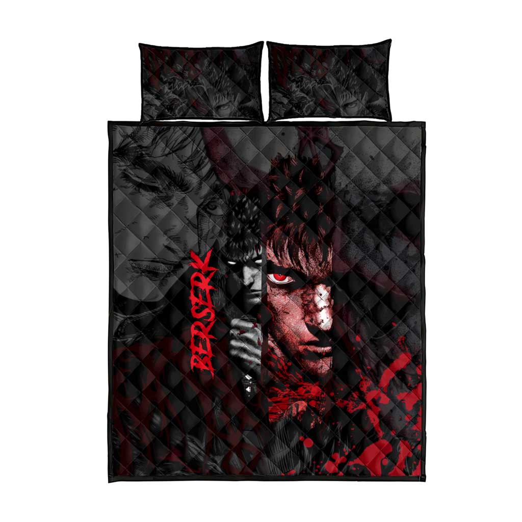Guts Berserk Dark Theme Quilt Bed Set with Blood Splatter and Intense Warrior Expression Design - The Mazicc