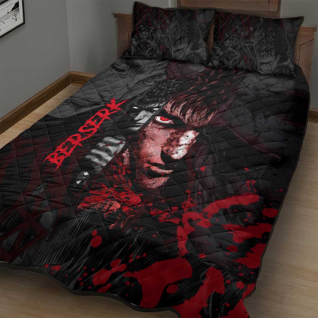 Guts Berserk Dark Theme Quilt Bed Set with Blood Splatter and Intense Warrior Expression Design - The Mazicc