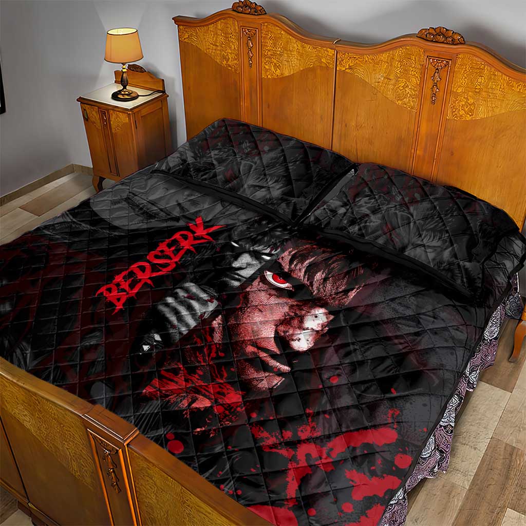 Guts Berserk Dark Theme Quilt Bed Set with Blood Splatter and Intense Warrior Expression Design - The Mazicc