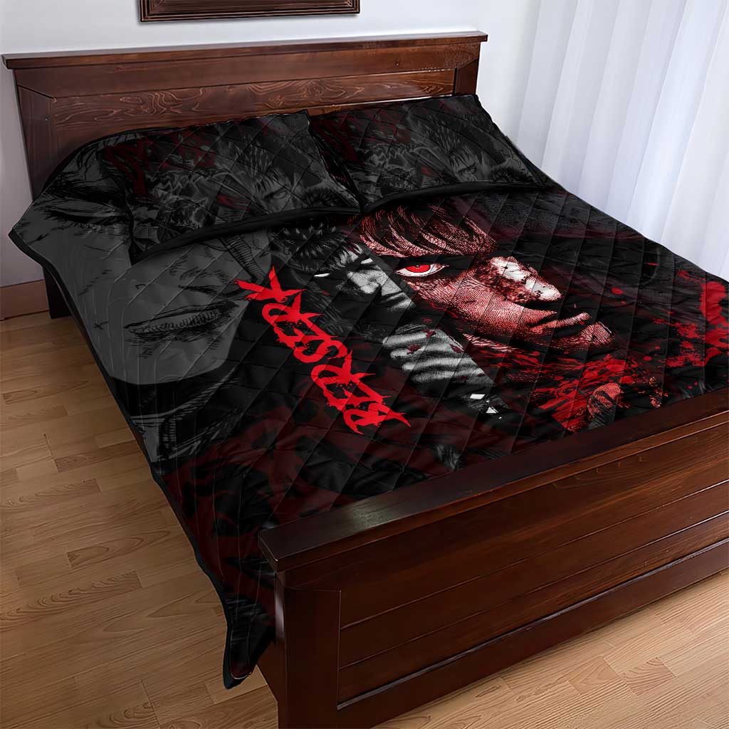 Guts Berserk Dark Theme Quilt Bed Set with Blood Splatter and Intense Warrior Expression Design - The Mazicc