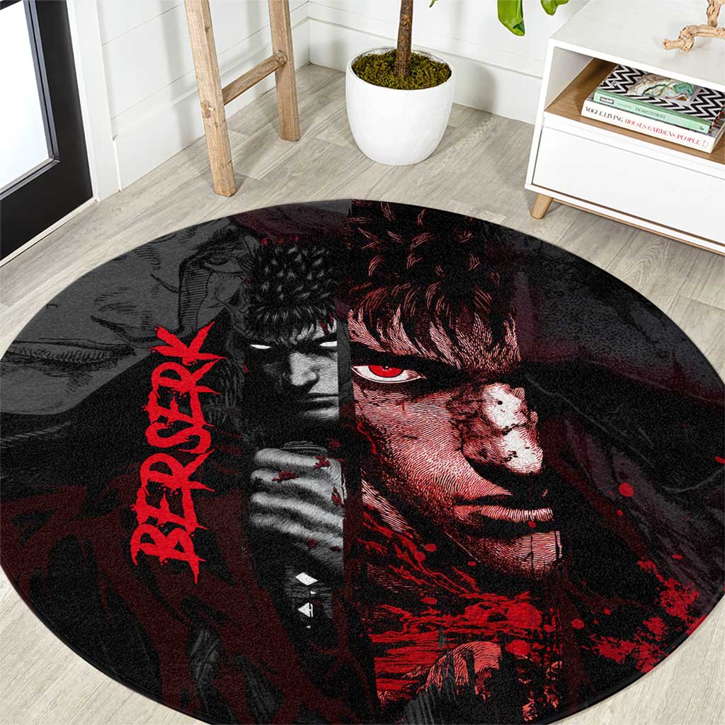 Guts Berserk Dark Theme Round Carpet with Blood Splatter and Intense Warrior Expression Design - The Mazicc