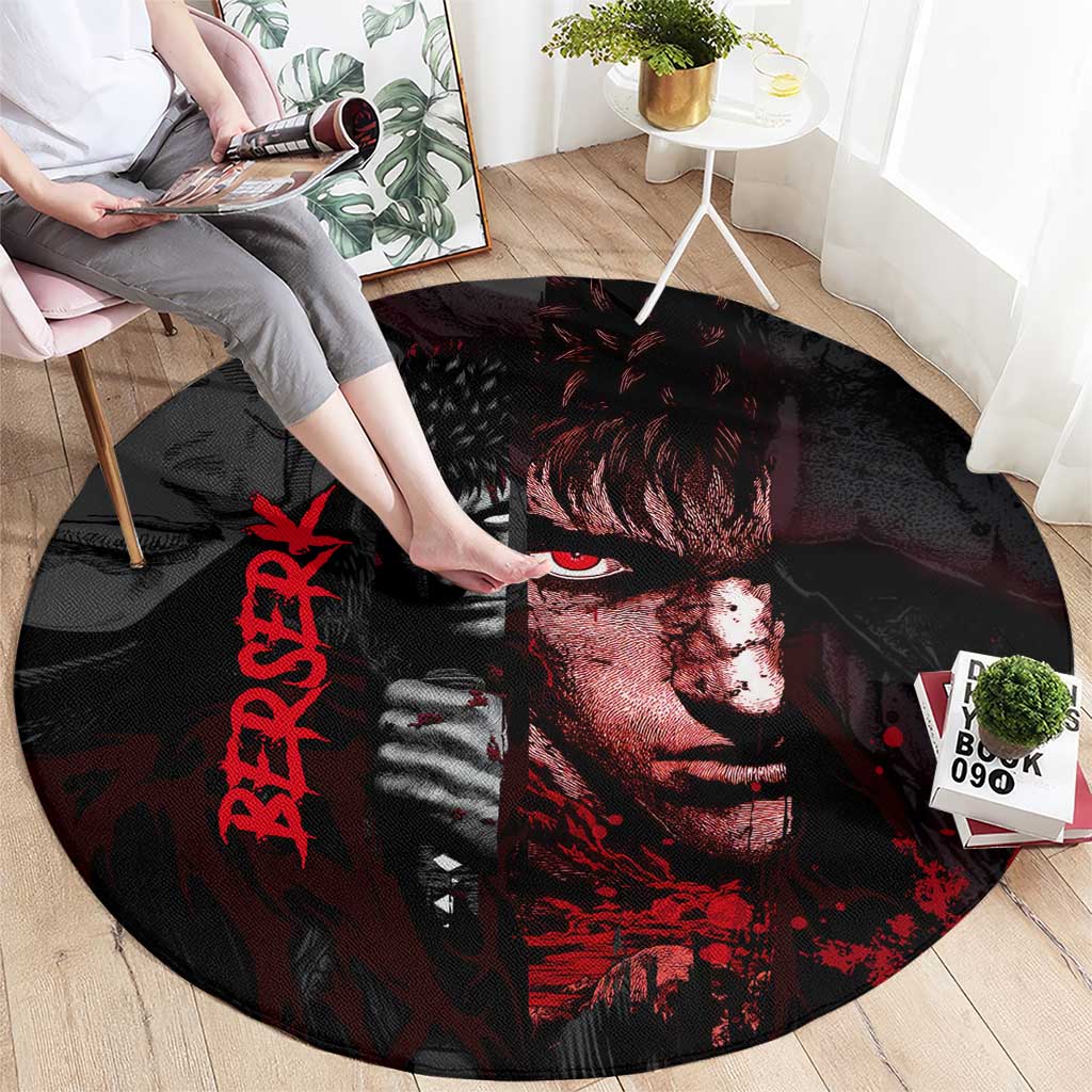 Guts Berserk Dark Theme Round Carpet with Blood Splatter and Intense Warrior Expression Design - The Mazicc