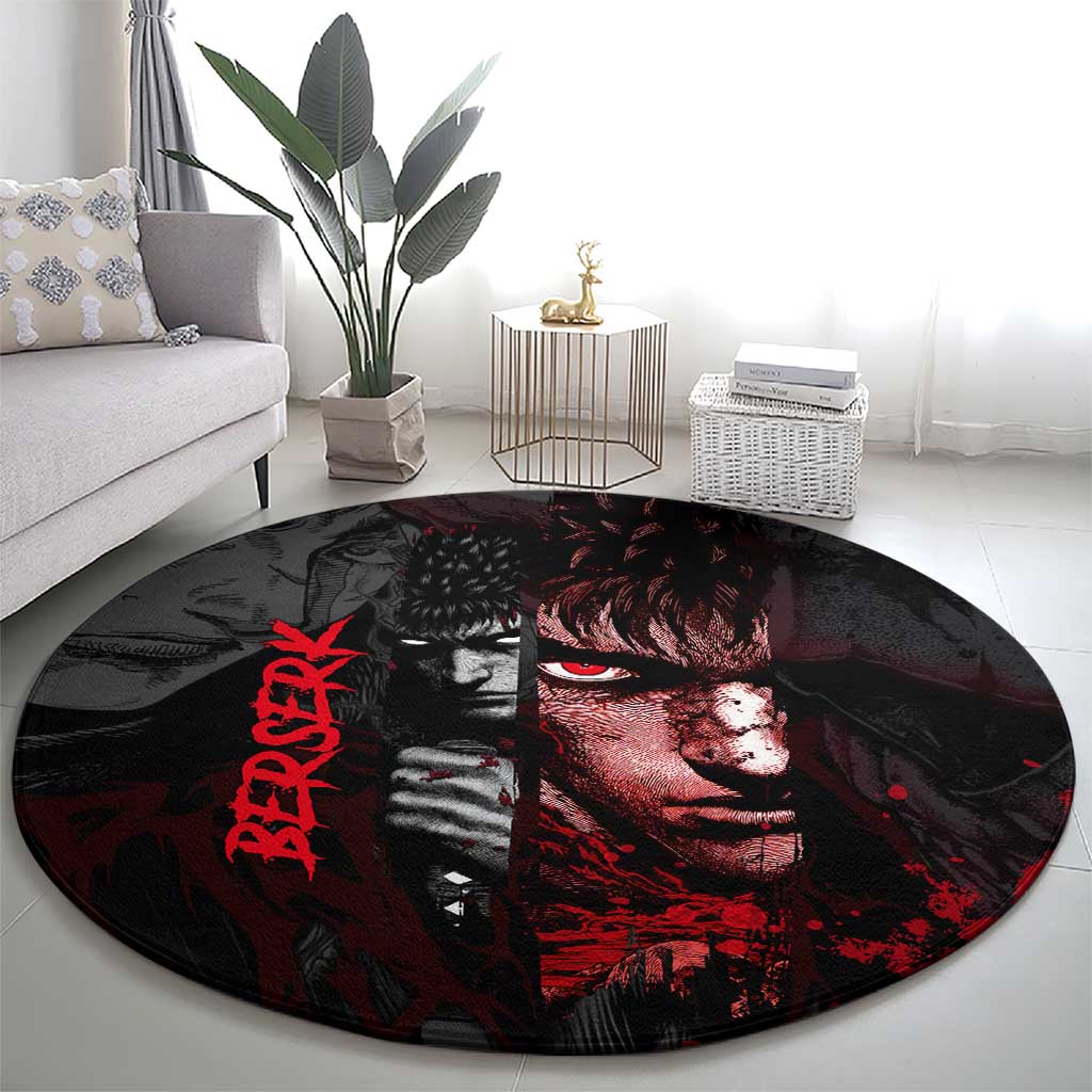 Guts Berserk Dark Theme Round Carpet with Blood Splatter and Intense Warrior Expression Design - The Mazicc