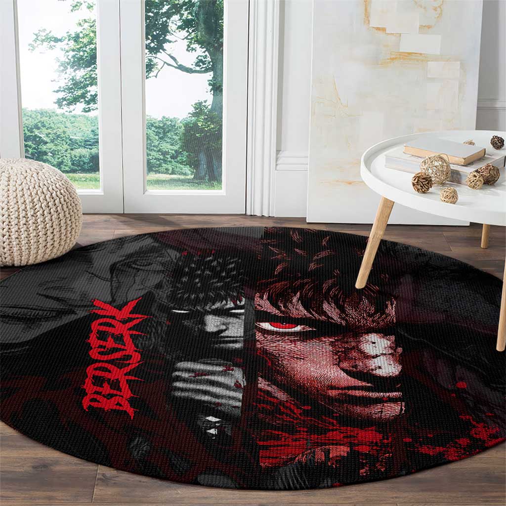 Guts Berserk Dark Theme Round Carpet with Blood Splatter and Intense Warrior Expression Design - The Mazicc