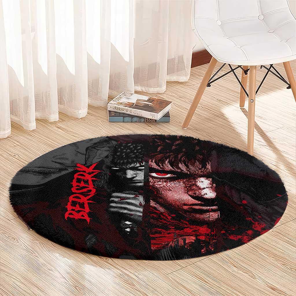 Guts Berserk Dark Theme Round Carpet with Blood Splatter and Intense Warrior Expression Design - The Mazicc