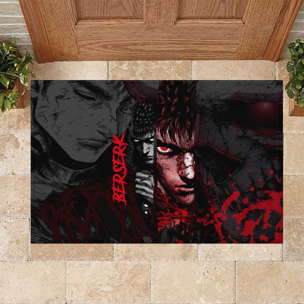 Guts Berserk Dark Theme Rubber Doormat with Blood Splatter and Intense Warrior Expression Design - The Mazicc