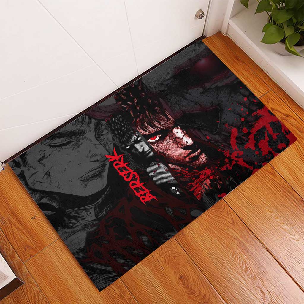 Guts Berserk Dark Theme Rubber Doormat with Blood Splatter and Intense Warrior Expression Design - The Mazicc