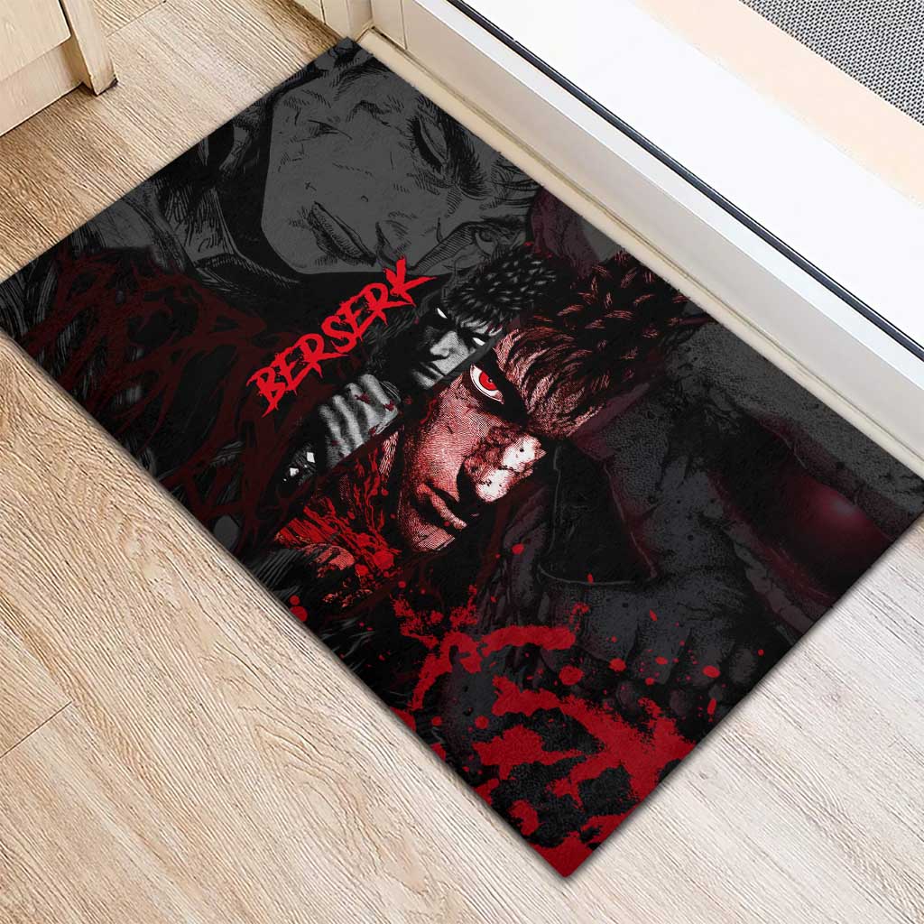 Guts Berserk Dark Theme Rubber Doormat with Blood Splatter and Intense Warrior Expression Design - The Mazicc
