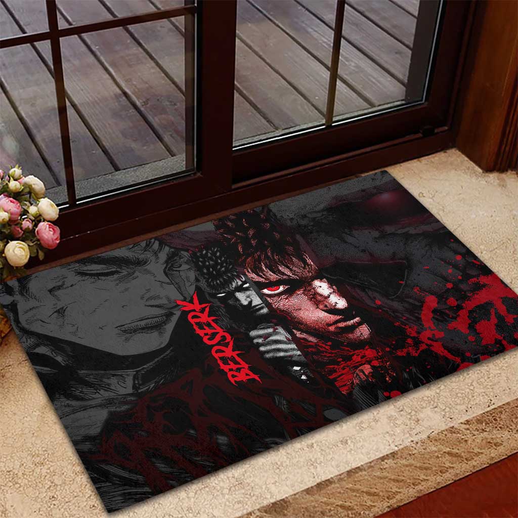 Guts Berserk Dark Theme Rubber Doormat with Blood Splatter and Intense Warrior Expression Design - The Mazicc