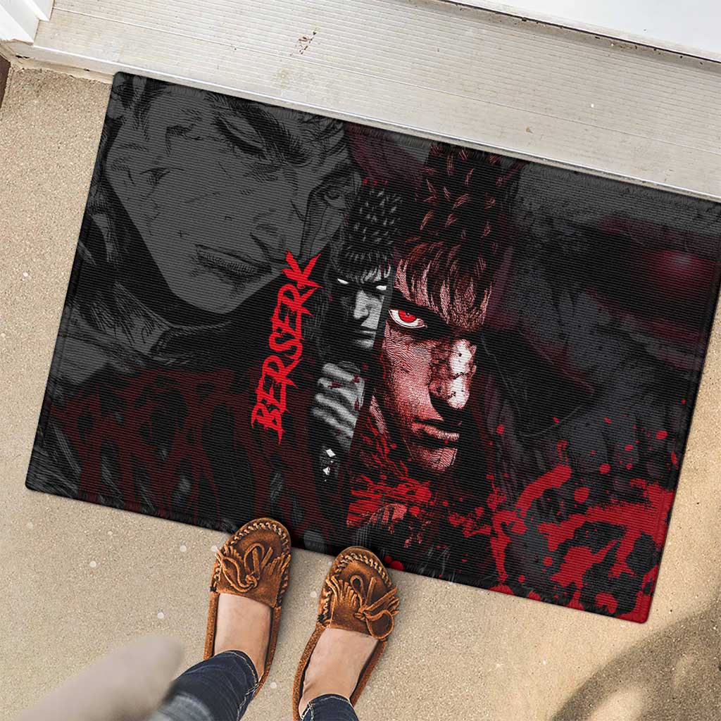 Guts Berserk Dark Theme Rubber Doormat with Blood Splatter and Intense Warrior Expression Design - The Mazicc