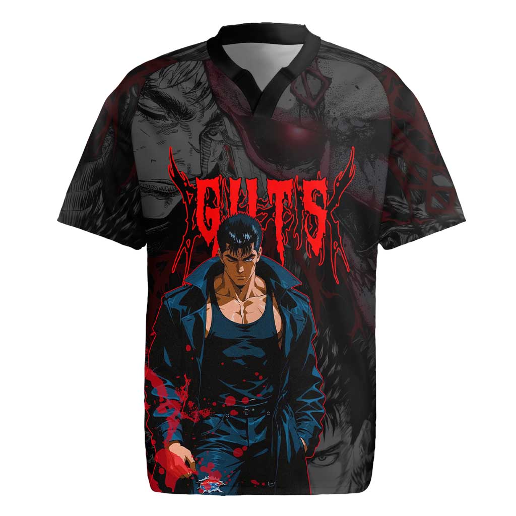 Guts Berserk Dark Theme Rugby Jersey with Blood Splatter and Intense Warrior Expression Design - The Mazicc