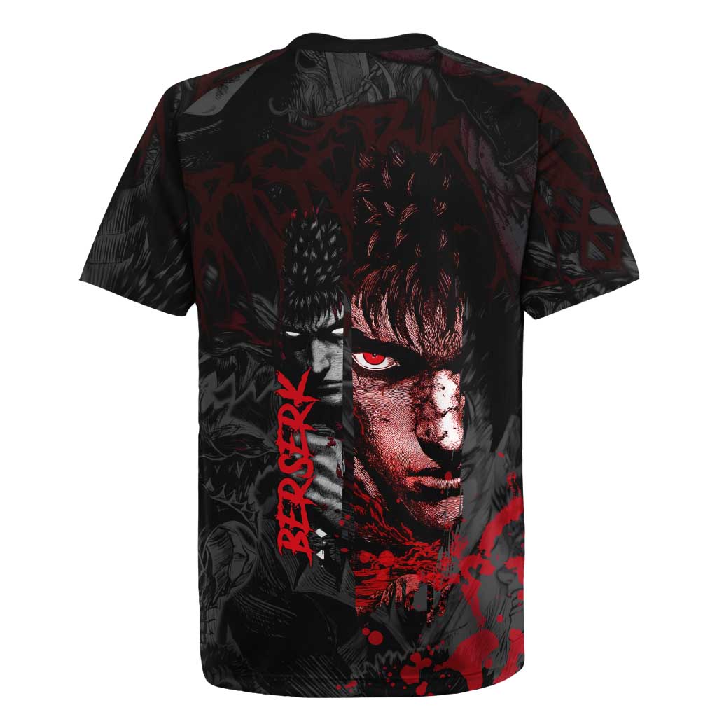 Guts Berserk Dark Theme Rugby Jersey with Blood Splatter and Intense Warrior Expression Design - The Mazicc